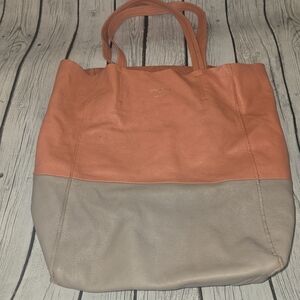 Le Parmentier Paris Made in Italy Leather Colorblock Tote – Coral & Taupe
